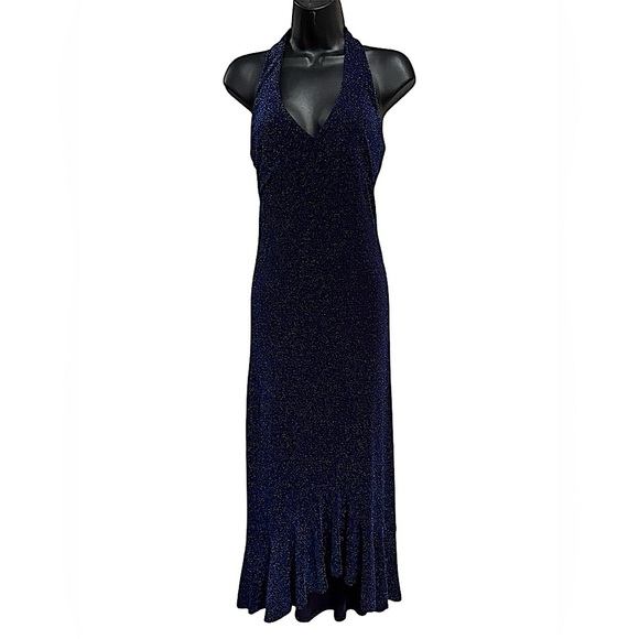 DBY Elegant Navy Blue Halter Dress MEDIUM pit to pit 15in length 53in - Picture 1 of 8